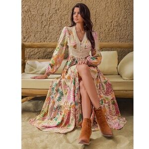 Floral Pink Bohemian Maxi Dress Lace V-Neck Long Sleeve Ruffle Hem Flowy